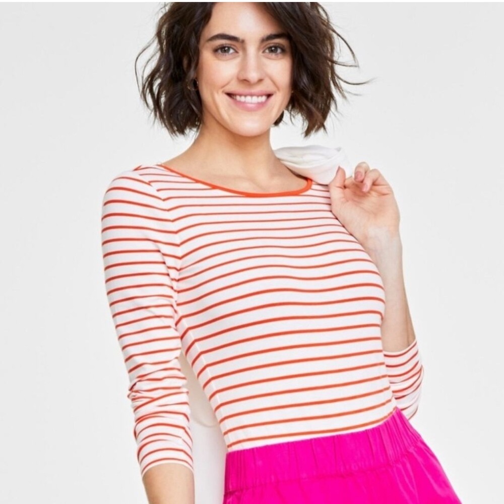 On 34th Macy’s white orange striped long Sleeve Tee cotton bodysuit NWT large